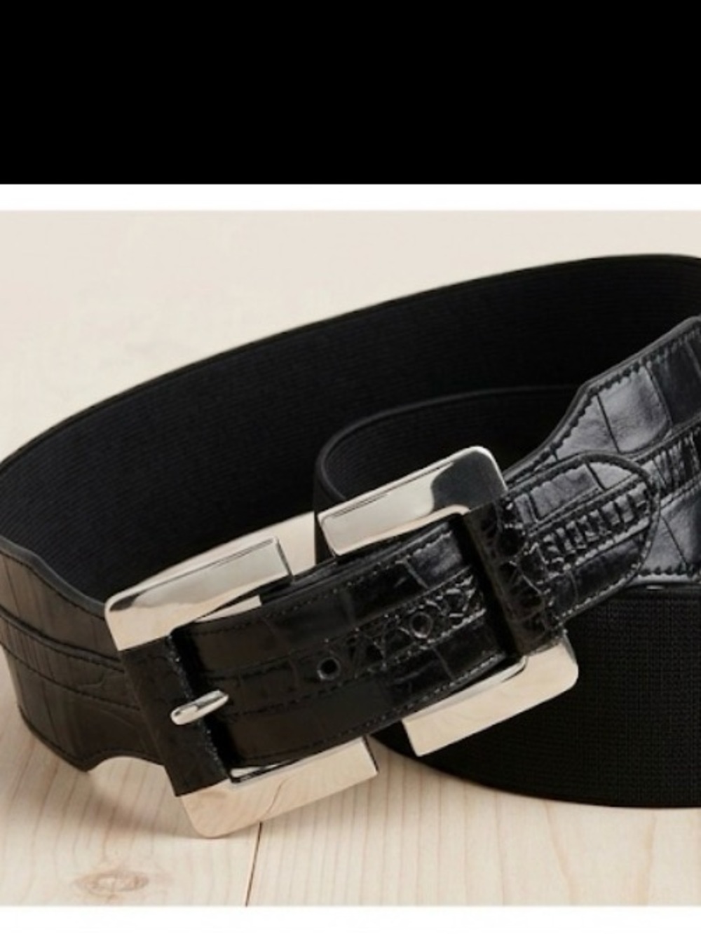 Black Croc-Embossed Stretch Waist Belt with Silver Buckle